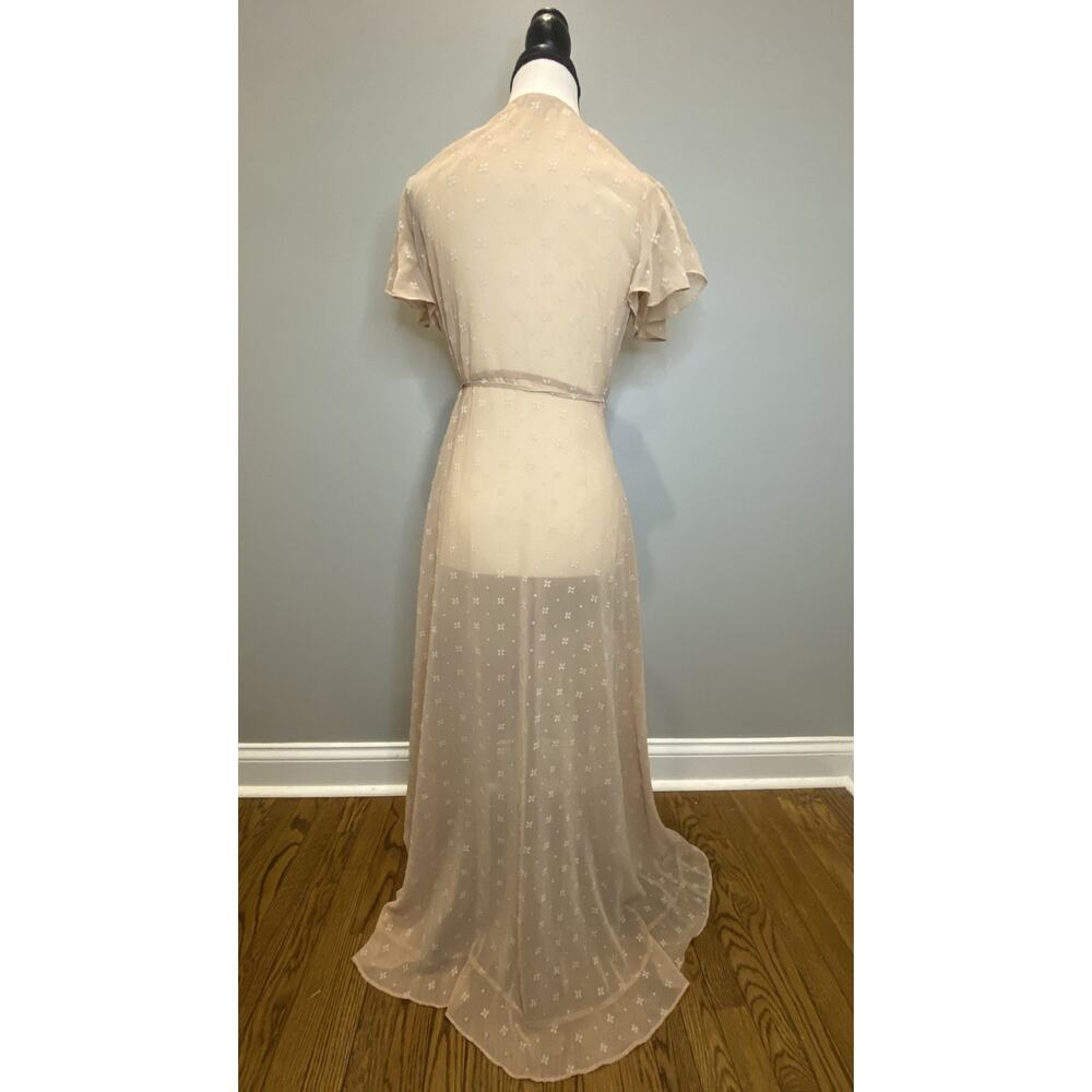 GB Peach Floral Chiffon Wrap Dress Ruffle Midi Maxi Tie Waist Womens S - Picture 4 of 6